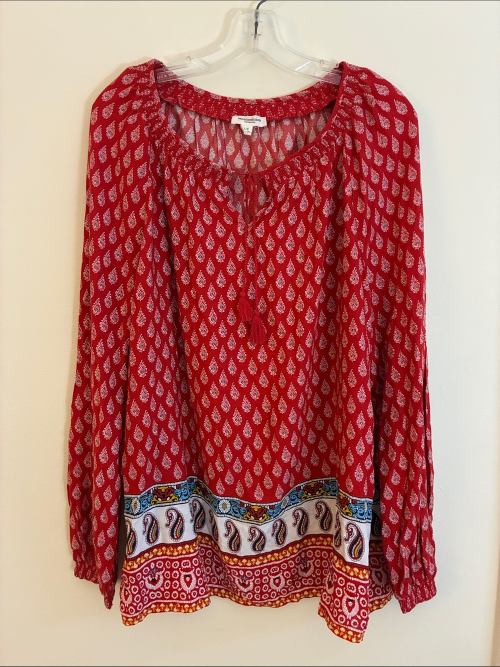 beachlunchlounge Red Paisley-Trim Boho Peasant Blouse